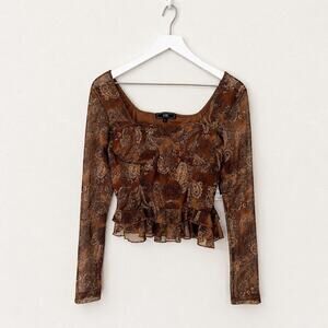 Vibe Sportswear Brown Paisley Mesh Ruffle Hem Top Large NWT Y2K Boho